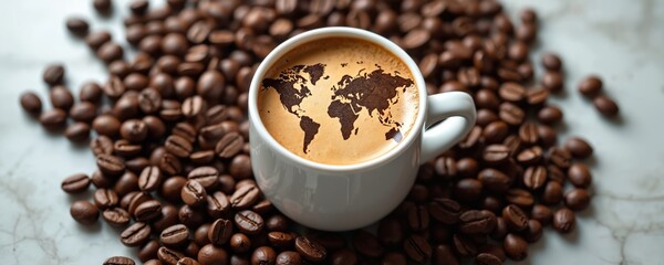 Fototapeta premium Coffee cup with world map on foam espresso surface. Coffee beans surround travel-themed drink. Symbol of global connection in cafes, restaurant, coffee shop. Enjoy hot beverage, warm light morning.
