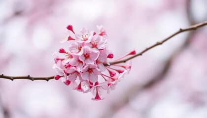 Obraz premium Delicate pink cherry blossoms cluster on a slender, gently curving branch against a blurred background, flora, spring