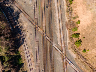 Sunny Daytime Top Down Drone Images of Unique Railroad Junction in Downtown Raleigh North Carolina