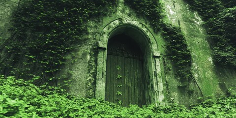 An overgrown stone doorway framed by lush green vegetation everywhere