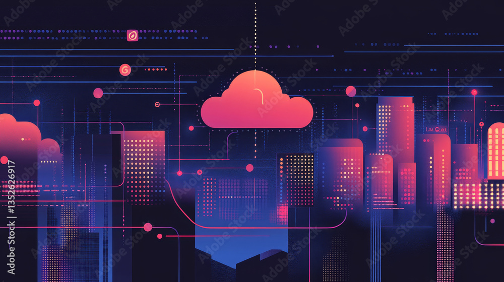 Poster cloud and edge computing technology concepts with cybersecurity data protection. a large cloud icon 