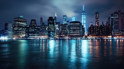 Fototapeta premium Tribute to September 11: Manhattan's Night Skyline and Urban Architecture in New York City's Downtown