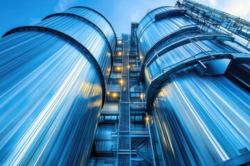 Fototapeta premium Urban Business Silos: Architectural Design of Steel Grain Bins in a Modern Cityscape