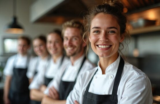 Smiling chef with team in restaurant kitchen. Happy, cheerful workers in uniform. Pro cookery staff, culinary experts. Restaurant business, modern eatery, cafe, gastronomy, food industry.