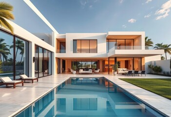 Obraz premium Modern luxury home with sleek architecture and expansive patio, roof, backyard