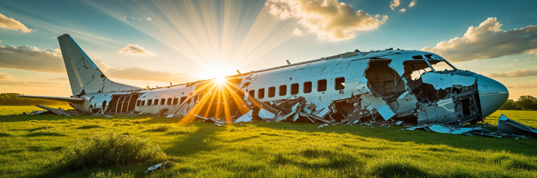 a crashed passenger plane lies in a field
 - Powered by Adobe