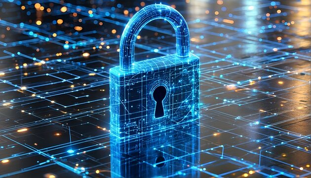 A padlock with an intricate circuit board design, symbolizing secure data protection and online safety.