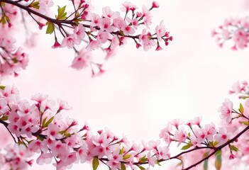 Obraz premium Pale pink and white dreamy background with delicate cherry blossom frame, romantic spring scene, cherry, spring