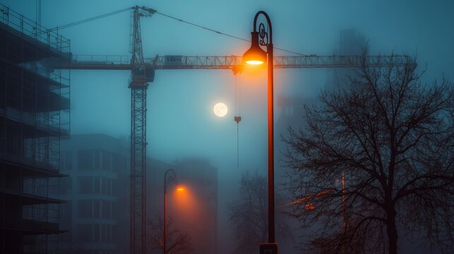 A foggy, misty morning in the city with street lamp, cranes and construction work. - Powered by Adobe