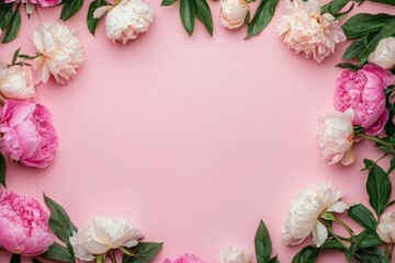 A frame of beautiful peonies and roses on a pink background, top view.