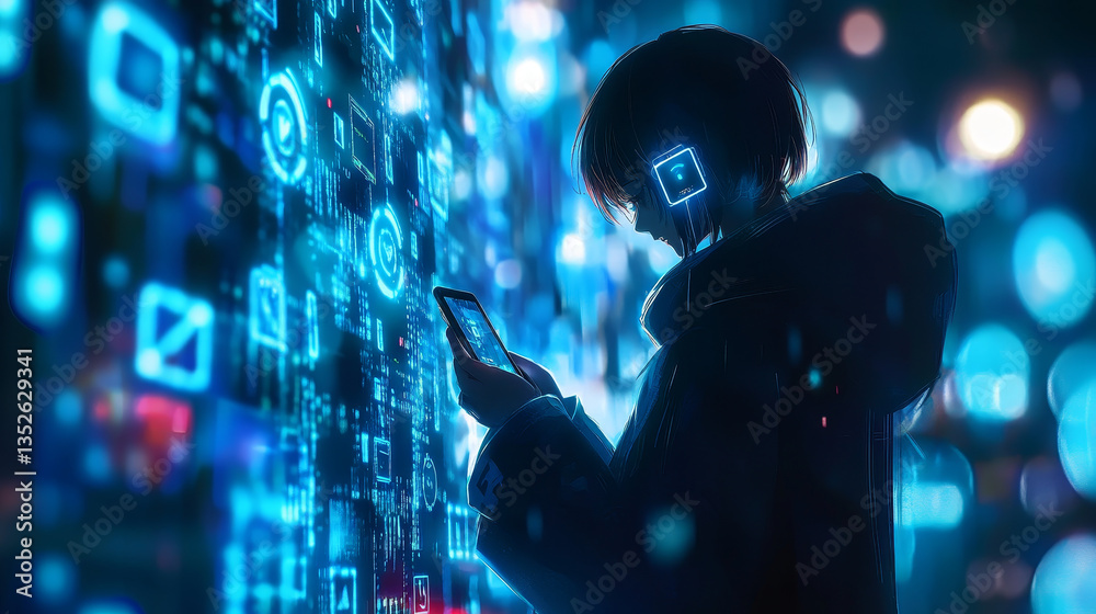 Poster digital technology concept cyber security data protection internet network connection. person using 