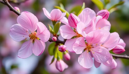 Pink crabapple blossoms, delicate petals unfurling in gentle spring breeze, fresh, branch