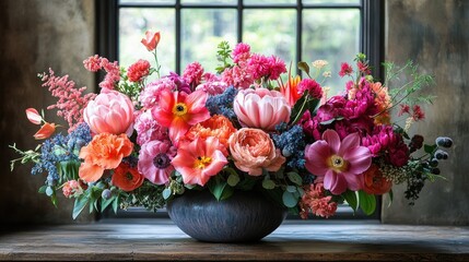 Fototapeta premium Vibrant Floral Arrangement in a Dark Bowl Near a Window