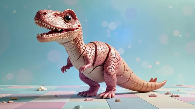 Cute Pink Dinosaur Toy Stands On Pastel Surface With Bokeh Background Lighting