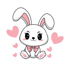 Cute White Bunny with Pink Bow and Hearts, Adorable Cartoon Rabbit Surrounded by Hearts