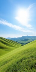 Fototapeta premium A beautiful landscape with a bright blue sky and mountains in the background. The sun is shining brightly, creating a warm and inviting atmosphere. The grass is lush and green