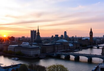 Obraz premium Panoramic view of London's skyline at sunset, showcasing iconic landmarks and the Thames River, graphic, architecture
