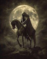 Fototapeta premium A grim reaper on a skeletal horse standing in front of the moon.