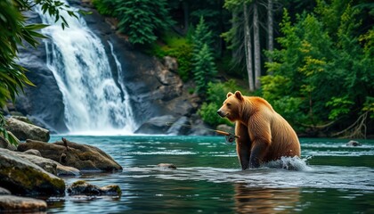 Grizzly bear fishing, cascading waterfall, lush forest backdrop, beautiful, fish