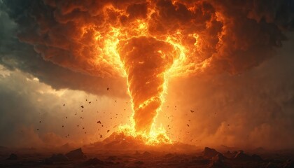 Fiery tornado tears through stormy sky. Dramatic image of destructive whirlwind, firestorm, natural disaster. Apocalypse scene, powerful energy released. Ominous dark clouds, apocalyptic, epic,