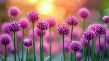 Vibrant purple allium flowers blooming in a serene garden at sunset