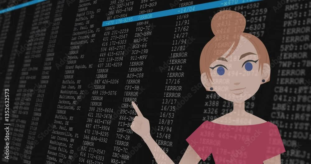 Poster Animation of character pointing at school data screen with error messages