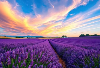Naklejka premium Rolling lavender fields under a vibrant Proven?al sky, south of france, hills