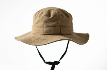 Khaki boonie hat with chin strap on white background. Unisex sun protection headwear for outdoor adventure, hiking, travel, safari. Casual style, summer fashion accessory, protects from sun.
