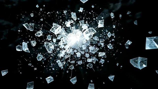Exploding Ice Shards With Central White Light Burst Against Black Background