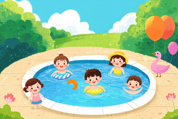 Children enjoying summer holidays swimming in a pool