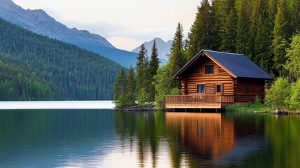 Fototapeta premium Log Cabin on Lake Serene Mountain Getaway at Sunset, tranquility, reflection