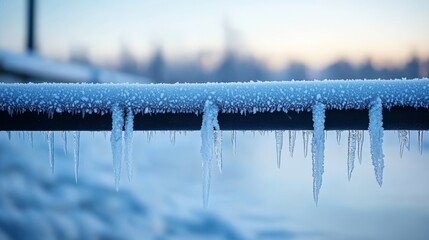 Frosted Railing with Icicles Against Sky Backdrop, Winter, Ice