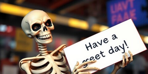 Sarcastic skeleton with a wry smile, holding a sign saying "Have a great day!", celebration, skeleton hand