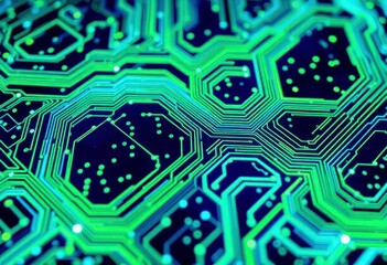 Intricate glowing blue and green circuit board pattern, abstract tech design, abstract, network