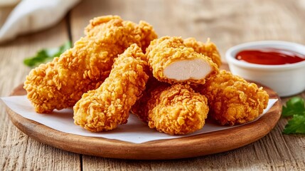 Crispy Fried Chicken Strips with Ketchup on Wood, Chicken tenders , Fast food