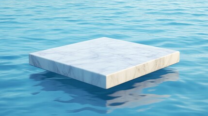 A marble podium floating over water, with gentle ripples and soft lighting reflections