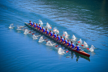 Top view of professional rowing team practicing synchronized strokes on calm river, displaying teamwork and endurance