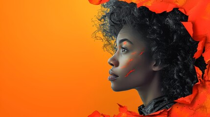 A young African-American woman with curly hair looks off into the distance, seemingly lost in thought, against backdrop of vibrant orange and red tones. Copy space