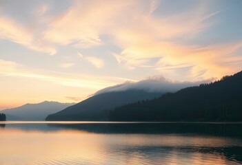 Fototapeta premium Serene mountain lake at dawn, mist shrouds distant peaks, still water, quiet