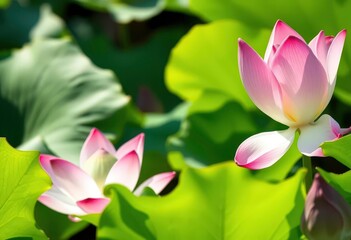 Fototapeta premium Serene pink lotus blossom emerges from vibrant green leaves, sunlight dappling its petals, meditation, tranquility
