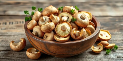 Rustic wooden bowl overflowing with earthy whole and sliced mushrooms, background,  food photography