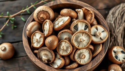Rustic wooden bowl overflowing with earthy whole and sliced mushrooms, raw, white background