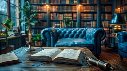 Book lies open on wooden table in dimly lit library. A blue leather armchair and a bookshelf full of books create a warm and inviting atmosphere of cabinet