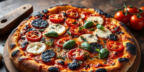 Rustic wood-fired pizza with charred crust, heirloom tomatoes, mozzarella, basil, homemade, heirloom tomatoes