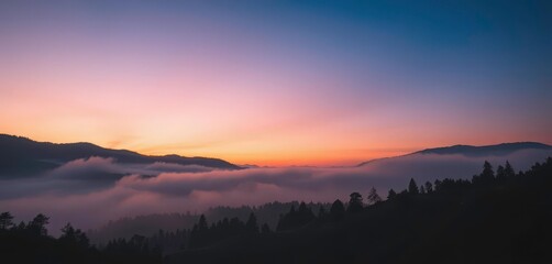 Obraz premium Serene twilight paints misty mountains and trees in soft hues, tranquil scene, forest, art