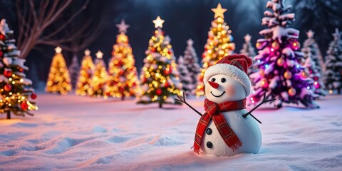 Obraz premium Jolly snowman amidst decorated Christmas trees, snowy landscape, festive lights, snowy landscape, snowflakes