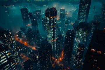 Top view of smart city with glowing structures. Urban technology integration, global network concept. Night city background. Copy space.