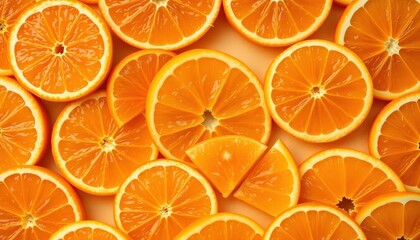 Juicy orange wedges arranged in a vibrant, circular, textured pattern, delicious, still life