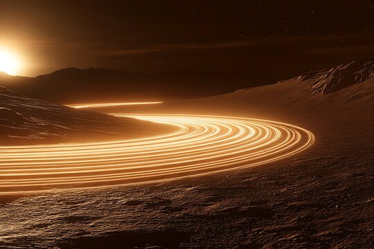 Glowing luminous road curves through a desert like alien landscape