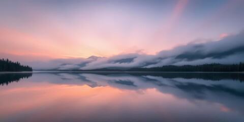 Fototapeta premium Serene dawn mist shrouds mountains reflected in a still, glassy lake, idyllic, sky